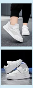 Close-up detail of breathable white mesh sneakers for boys and girls with velcro straps