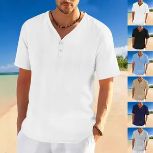 Summer men's Henley T-shirt in various colors with a breathable linen-like texture