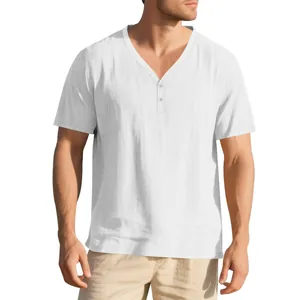 Close-up detail showing the slub linen-like texture and buttoned V-neck of a white Henley shirt