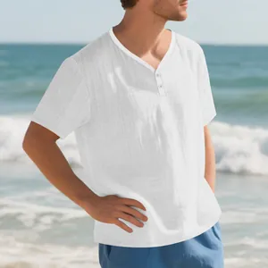 Close-up of white breathable slub linen Henley shirt for men on a sunny beach background