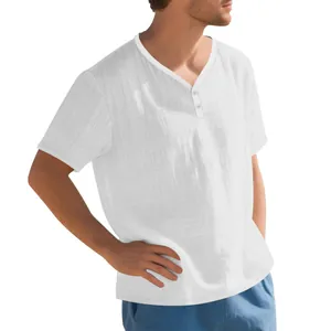Detail view of breathable slub linen texture on white men's Henley T-shirt design