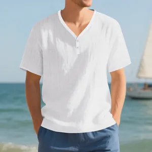 Men's summer white slub texture short sleeve Henley T-shirt for casual beach wear
