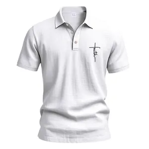 Detailed view of men's white linen polo shirt featuring a faith cross graphic print on chest