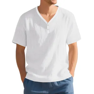 Detail view of men's white short sleeve Henley T-shirt featuring breathable linen textured fabric