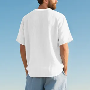 Back view of a men's white faux linen short-sleeved T-shirt with slub texture detail
