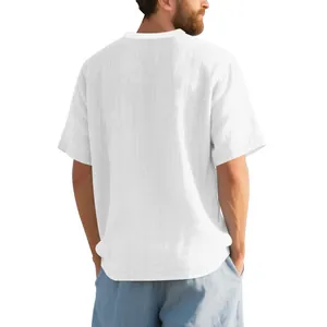 Close-up back view of men's white breathable imitation linen textured short sleeve T-shirt