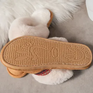 Vue détaillée de la semelle antidérapante et de la texture pelucheuse des chaussons