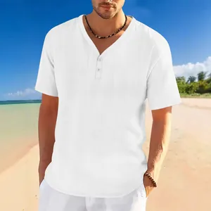 Detailed view of white summer men's Henley T-shirt with slub linen-like texture