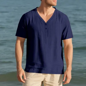 Casual navy blue short sleeve Henley shirt with bamboo texture for men's summer wear
