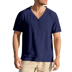 Detailed view of men's navy blue short sleeve Henley shirt with breathable slub linen texture