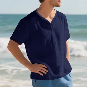 Detail view of navy blue faux linen slub texture men's short-sleeved casual Henley T-shirt