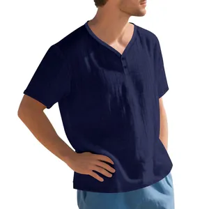 Close-up detail of navy blue slub linen Henley t-shirt for men, breathable summer casual wear