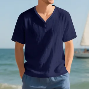 Detailed close-up of men's summer breathable navy blue faux linen slub Henley T-shirt