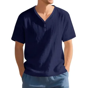 Men's navy blue short sleeve Henley shirt with breathable linen-like slub texture