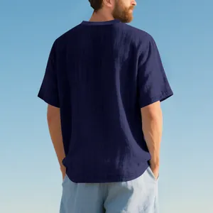 Back view of navy blue men's breathable slub texture casual short-sleeved shirt