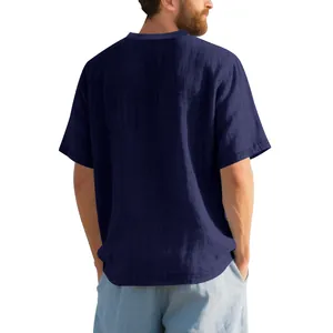 Rear view detail of men's navy blue linen-textured breathable short sleeve casual T-shirt