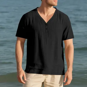 Macro view of men's black slub linen-look fabric on a short sleeve Henley T-shirt