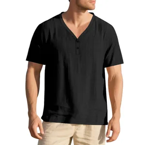 Detail view of men's black linen-like slub fabric Henley shirt with V-neck buttons