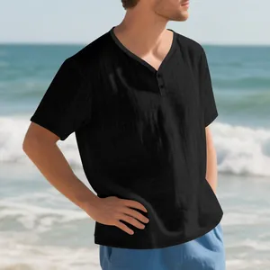 Detailed view of men's black slub linen Henley T-shirt featuring a V-neck design