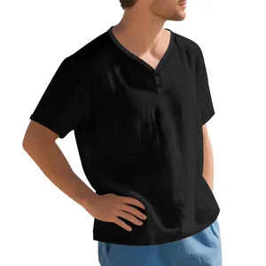 Men's casual black Henley T-shirt with breathable slub linen-like texture