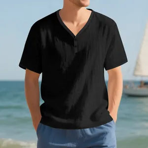 Casual men's black Henley T-shirt with breathable slub texture for summer beach wear.