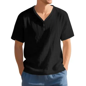 Casual black Henley T-shirt for men with textured linen-like fabric and short sleeves.