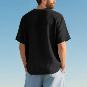 Back view showing the fabric texture of a black linen-textured men's casual T-shirt