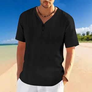 Close-up of black slub linen Henley shirt showing breathable texture and button neck