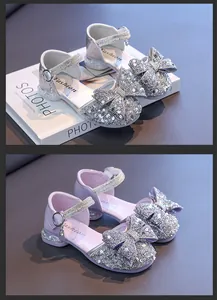 Glittery girls princess sandals with sequin bows and rhinestone straps in silver and purple
