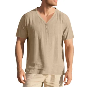 Detail view of khaki slub linen texture on men's breathable short sleeve Henley shirt