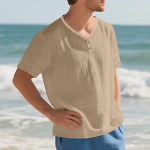 Summer men's casual beige Henley T-shirt featuring breathable faux-linen slub texture