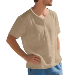 Detail view of a men's linen-like Henley T-shirt with short sleeves and buttons.