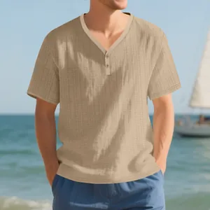 Close-up of men's linen-look slub Henley T-shirt in khaki, perfect for summer casual wear