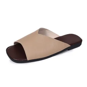Detailed view of women's leather flat slide with V-cut strap and square open toe