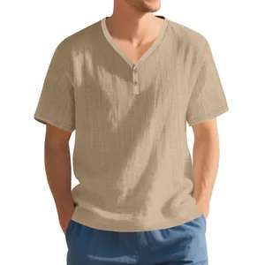 Detail of men's loose linen-look slub Henley T-shirt with breathable texture