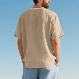 Back view of a breathable men's linen-textured loose short-sleeved Henry T-shirt