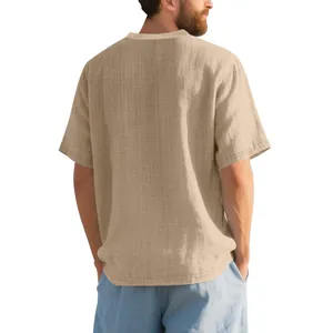 Close-up back view of a breathable khaki linen-like slub short-sleeve Henley t-shirt