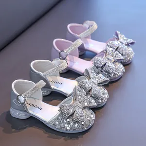 Girl's Rhinestone Sequin Bowknot Princess Shoes Synthetic Leather Low Heel Party Wedding Dress Shoes For Kids