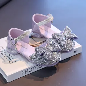 Elegant purple girls princess sandals with large sparkling rhinestone sequin bow