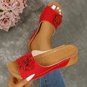 Women's Bohemian Flower Wedge Slide Sandals Open Toe Platform Summer PU Leather Beach Casual Outdoor Slippers