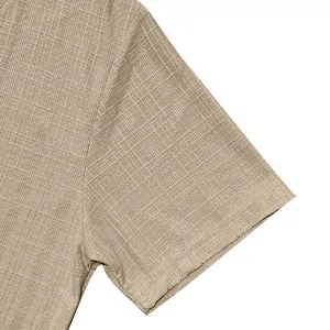 Macro view showing the breathable linen-like slub fabric texture of the men's Henley shirt.