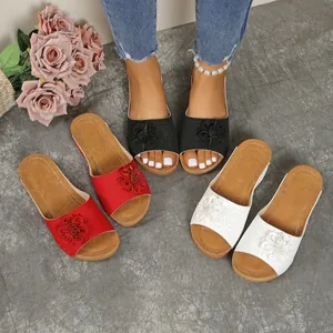 Womens wedge slippers with flower decor, open-toe summer slides in black, red and white