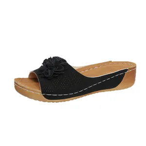 Elegant black wedge sandals for women with decorative floral detail and open toe design