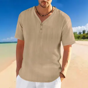 Close-up detail of men's summer Henley shirt with breathable slub linen texture