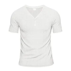 Detailed view of white men's short-sleeved Henley T-shirt with textured slub fabric