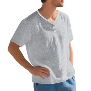 Men's casual grey slub texture short sleeve Henley T-shirt with breathable fabric style