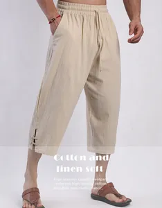 Men's breathable beige cotton linen casual cropped pants with drawstring waist.