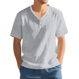 Men's short sleeve Henley T-shirt with linen-like texture in light grey casual fit.