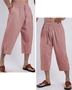 Front and side view of men's breathable dusty pink cotton linen cropped casual pants