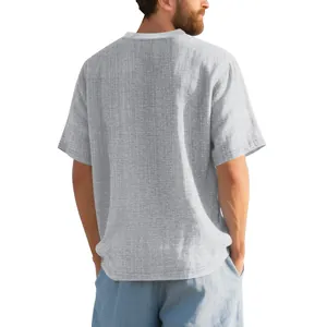 Back view of gray slub texture men's Henley T-shirt with breathable fabric